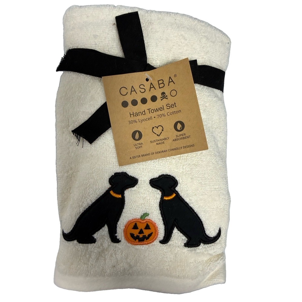 NWT Casaba Halloween Black Lab Dogs Hand Towel Set 2pc Dog Cream Towels